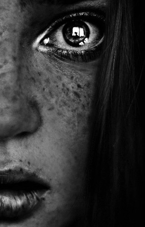 black and white, girl, freckles, eye, close-up, portrait, face