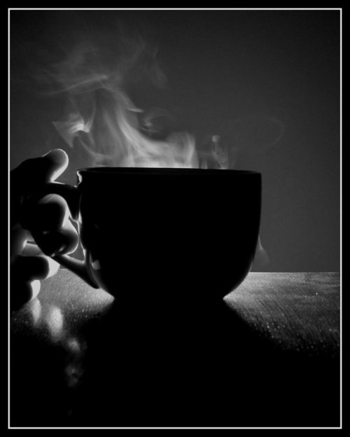 coffee, steaming, black and white, photography
